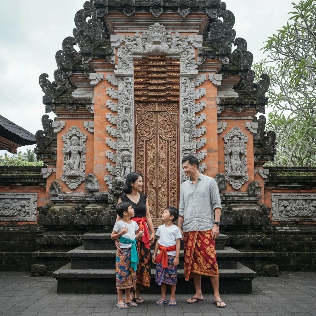 Familie in traditionele klederdracht bij Balinese tempel