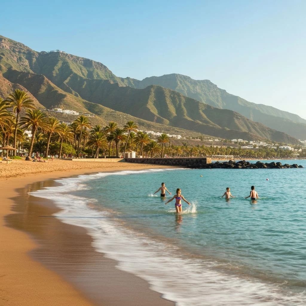 Kinderen spelen in de zee bij Las Teresitas, Tenerife
