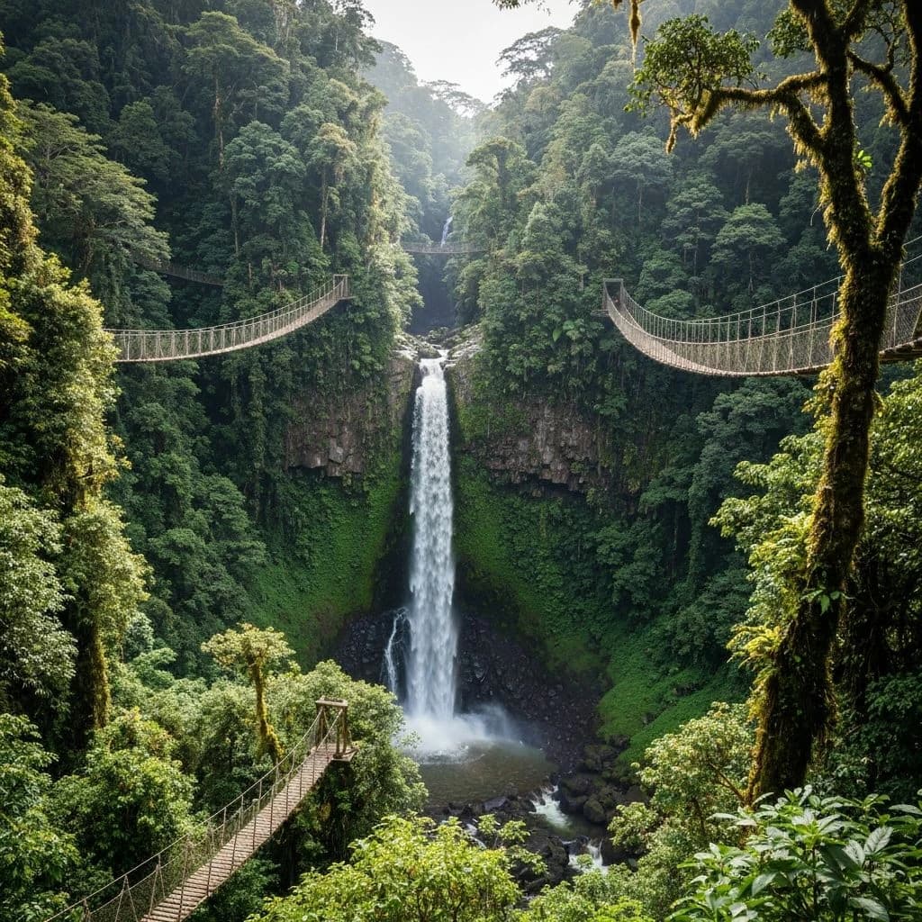 Hangbruggen boven jungle-waterval in Costa Rica