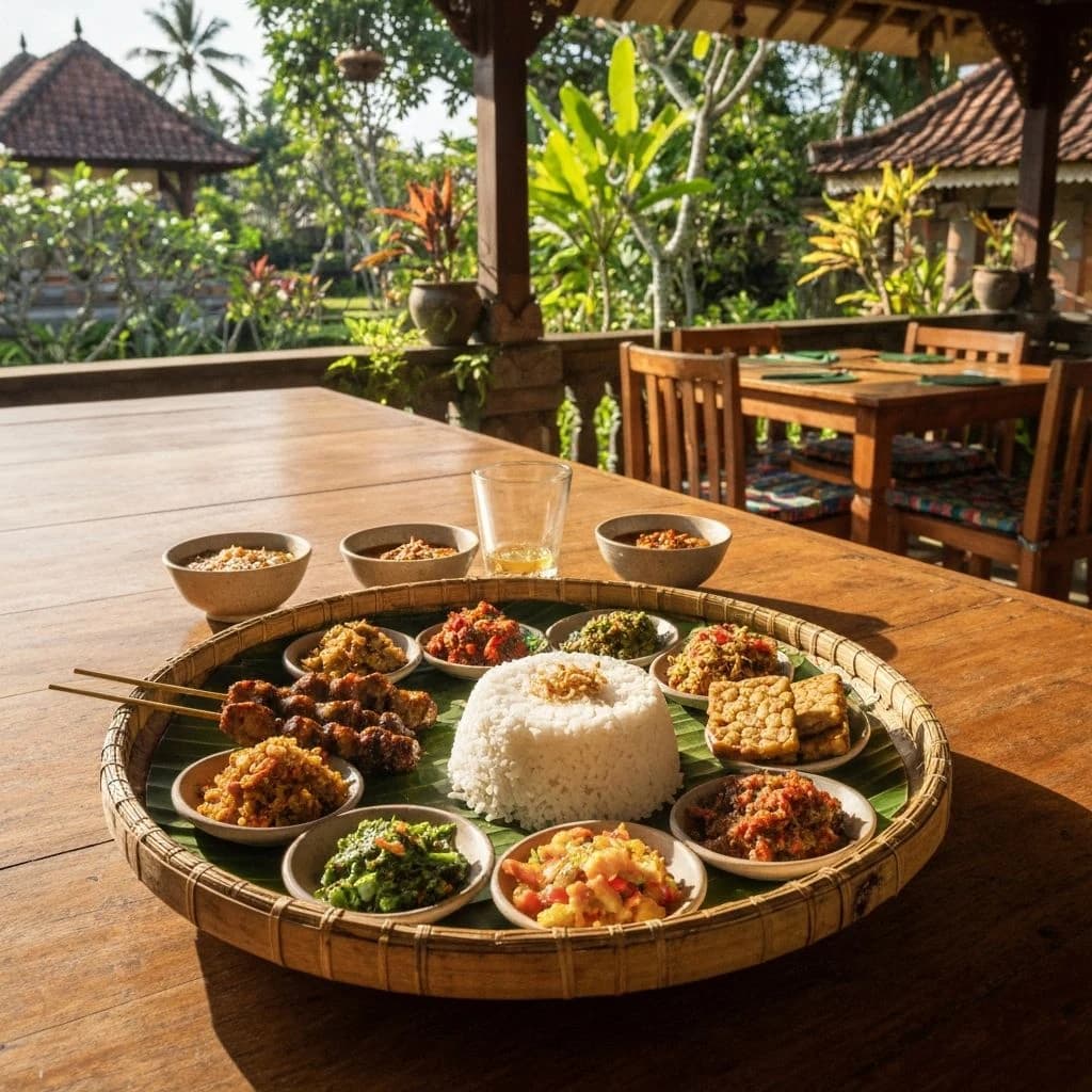 Balinees rijstgerecht op een houten tafel
