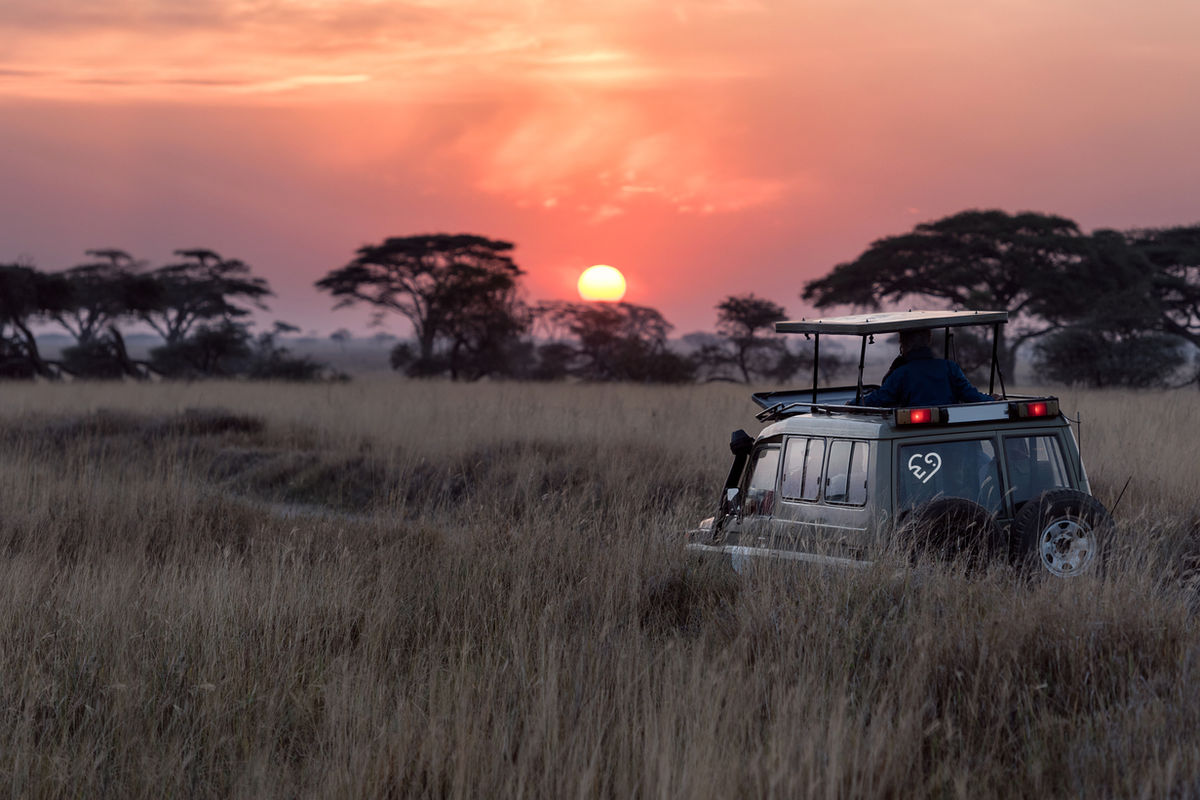 Safari-jeep bij zonsondergang in de Afrikaanse savanne