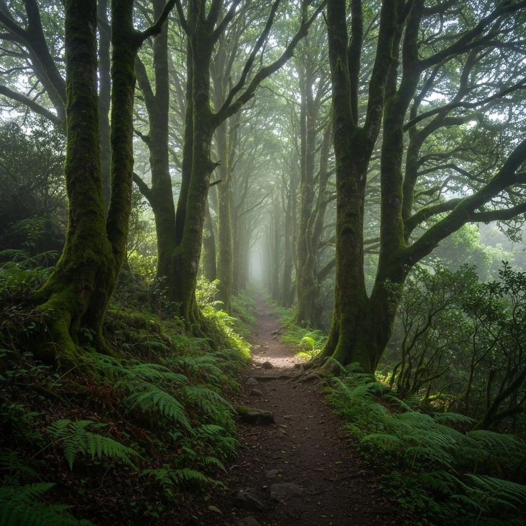 Sfeervol pad door het Anaga laurierwoud met mist en groen licht