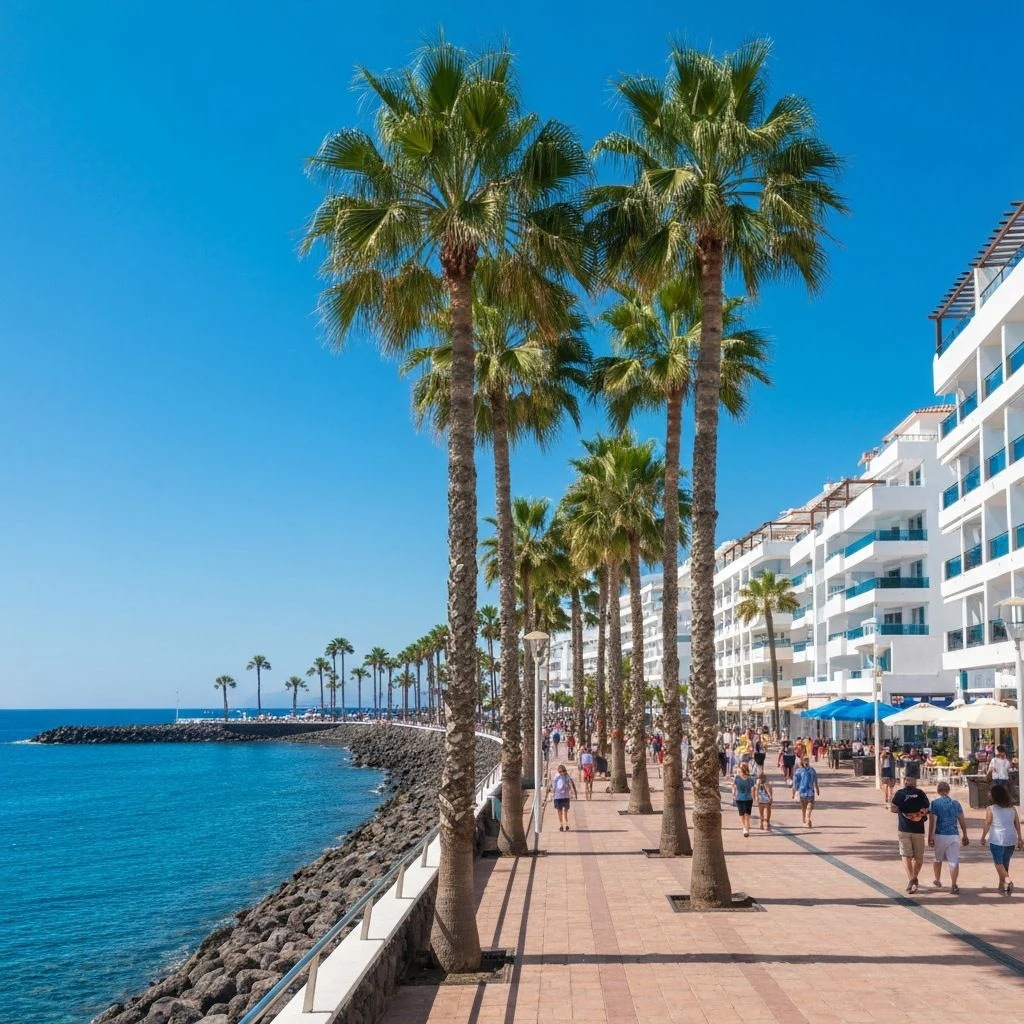 Boulevard in Costa Adeje met palmbomen langs de oceaan