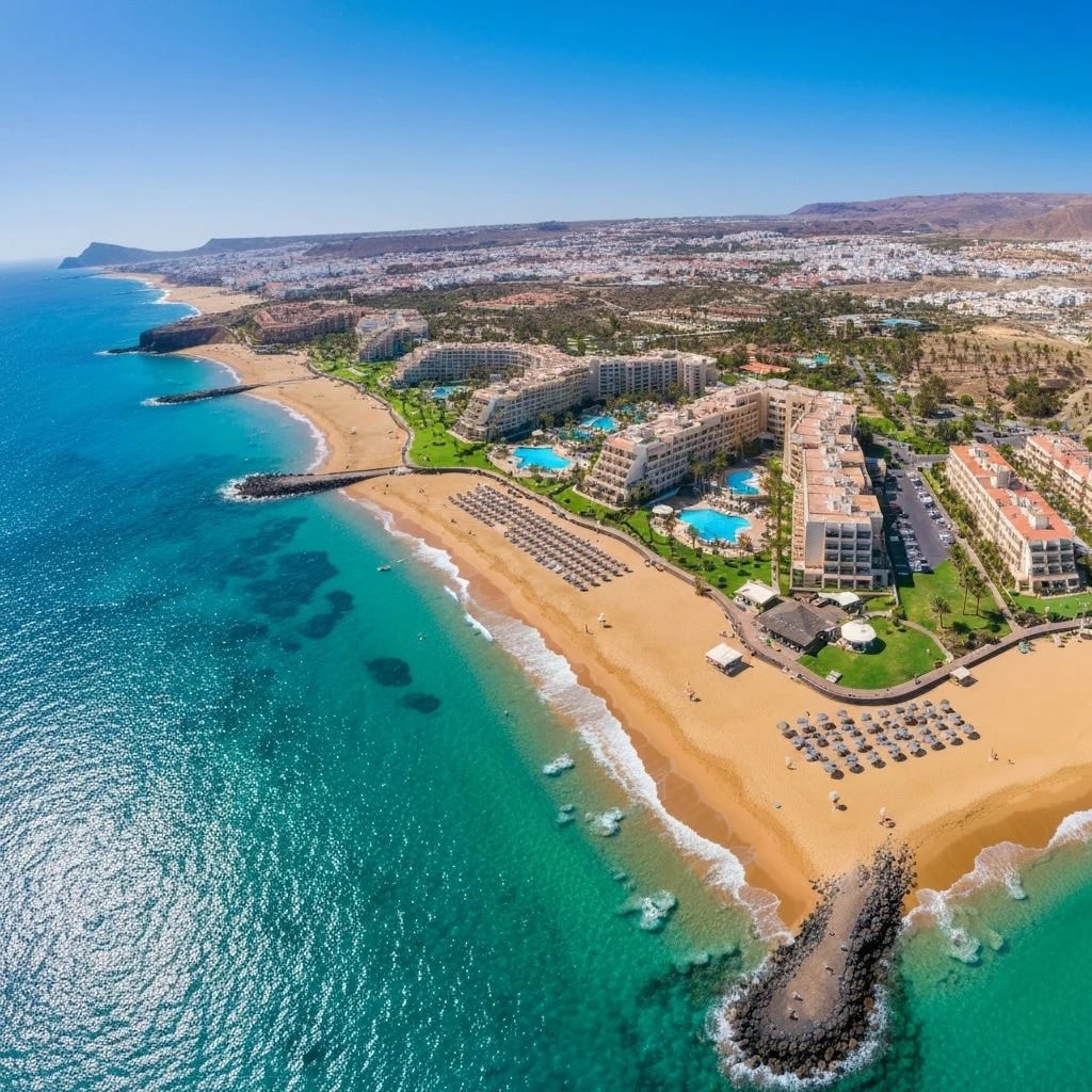 Luchtfoto van Parque Santiago resort met strand en oceaan op Tenerife