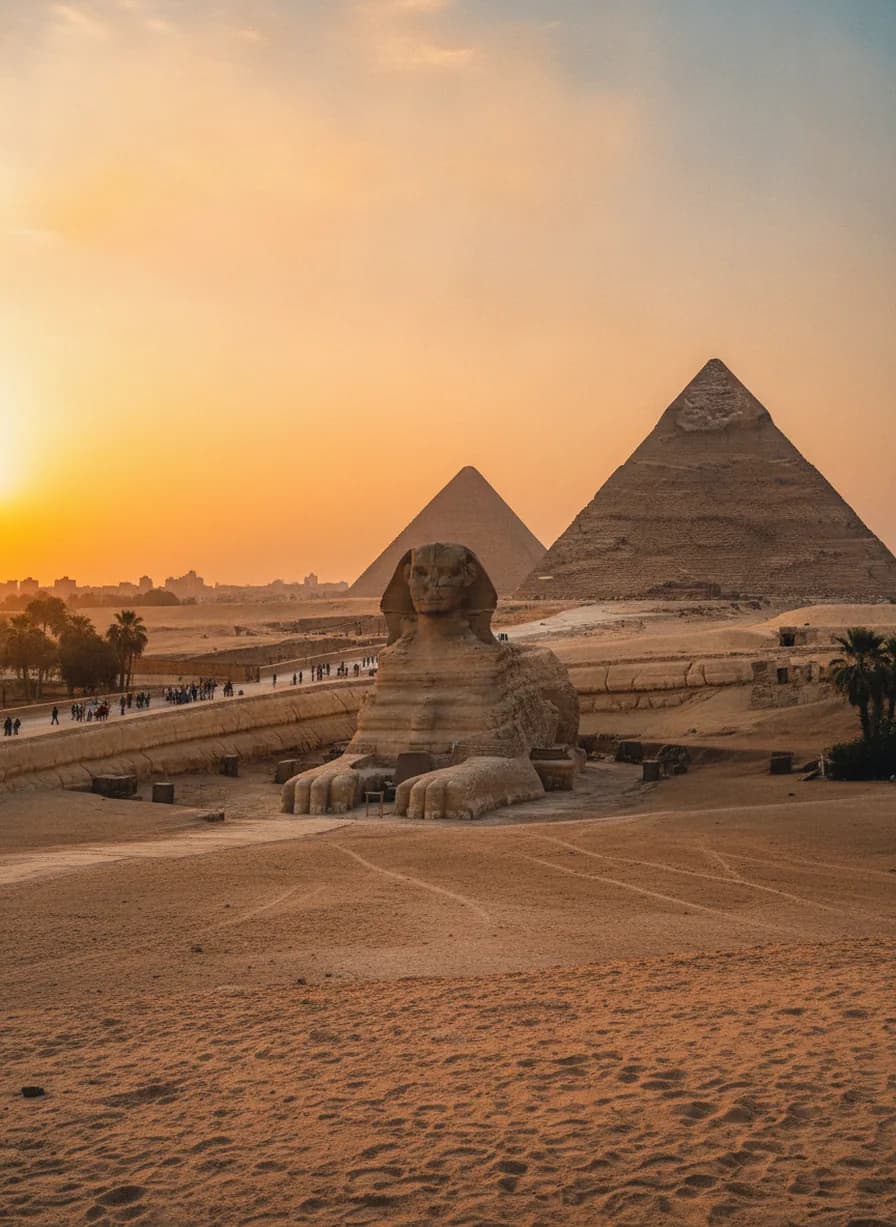 Piramides van Gizeh en Sfinx bij zonsopgang