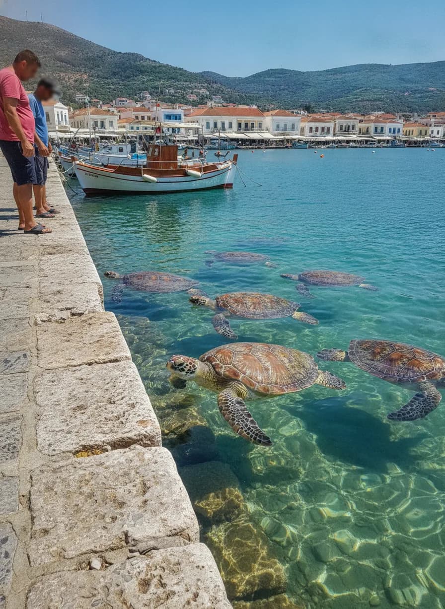 Zeeschildpadden spotten Argostoli haven