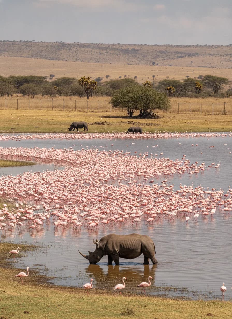 Lake Nakuru neushoorns + flamingo's