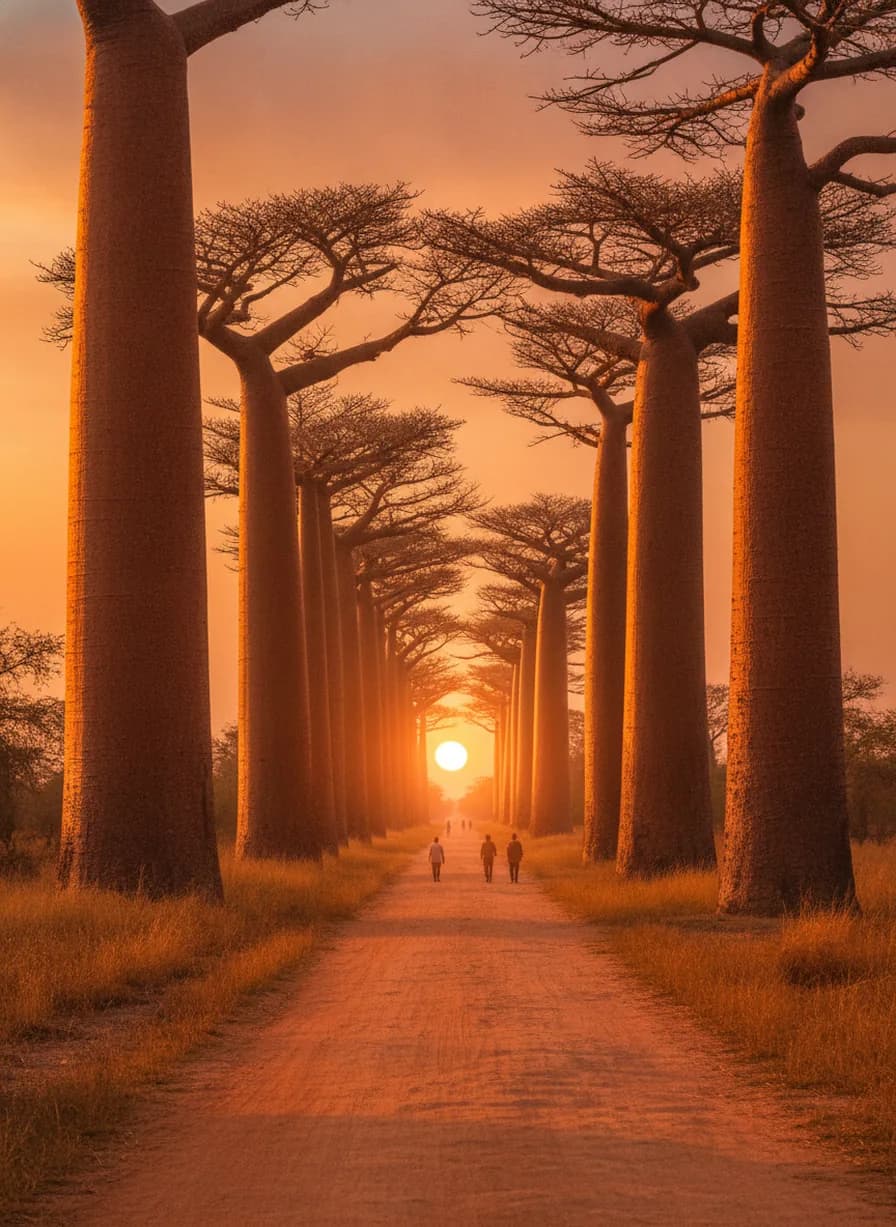 Allee des Baobabs bij zonsondergang