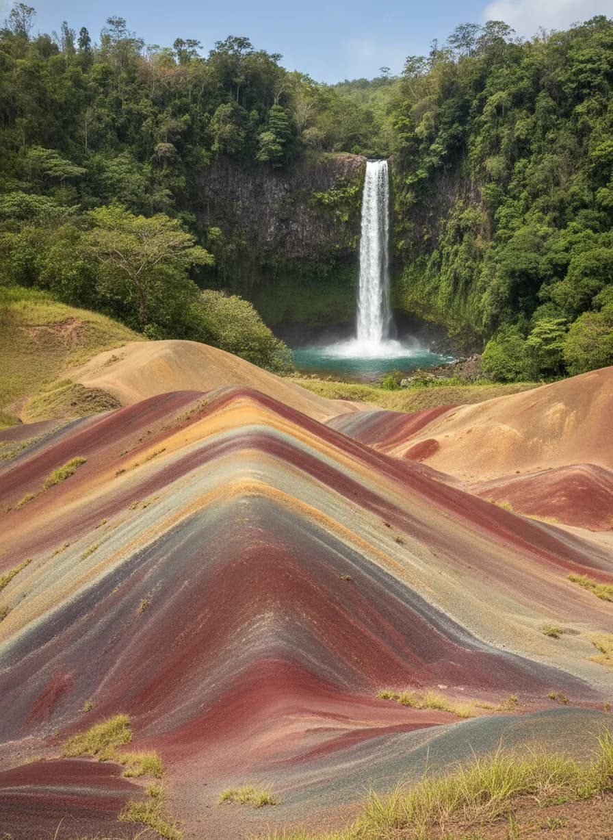 Chamarel-combinatie (Seven Coloured Earths + waterval)